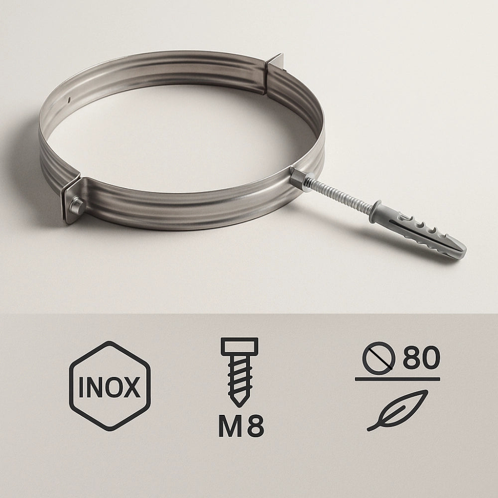 Collare nervato acciaio inox Ø 80 mm fissaggio canna fumaria confezione 2 pezzi
