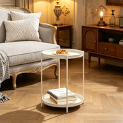 Tavolino basso rotondo con 2 ripiani rimovibili in metallo per soggiorno e camera da letto bianco crema 44 × 44 × 53 cm