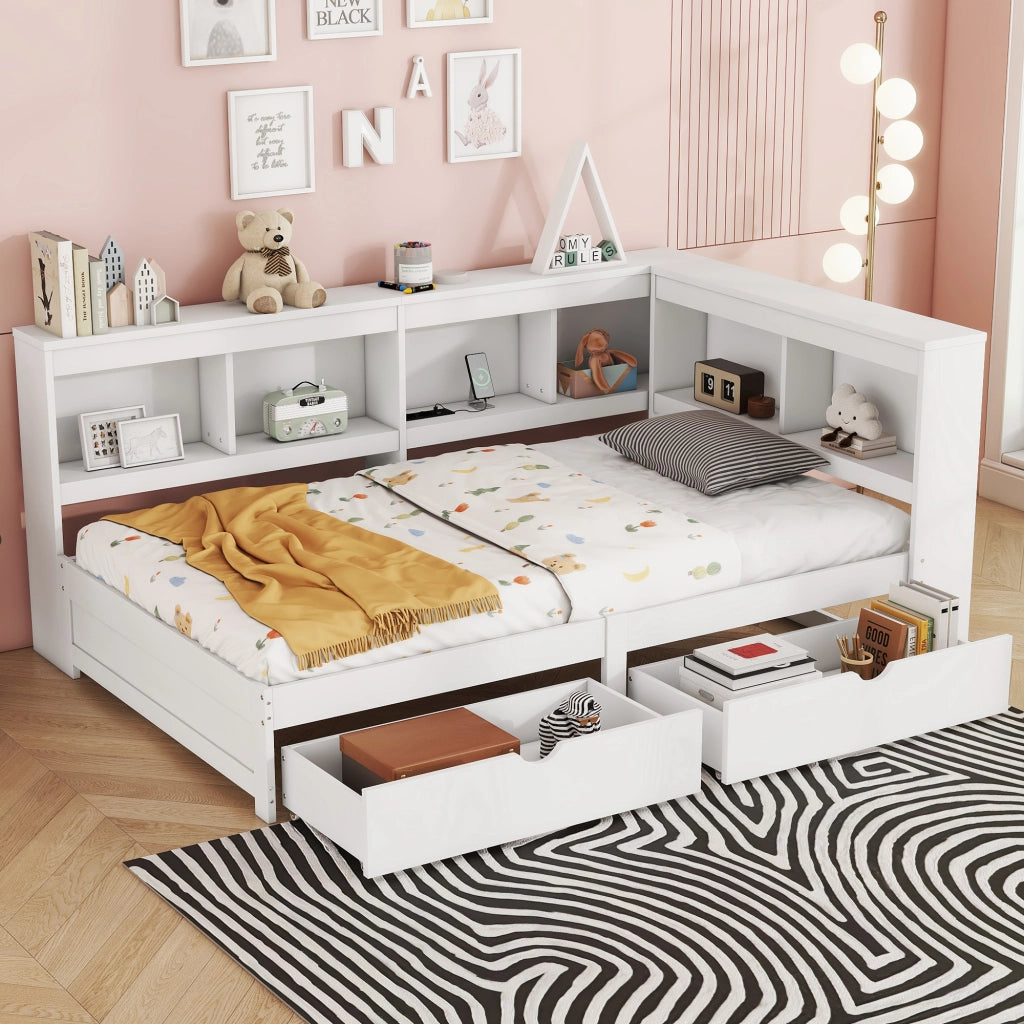 LETTO 90x200 cm con 2 cassetti, prese e 2 porte USB, Bianco