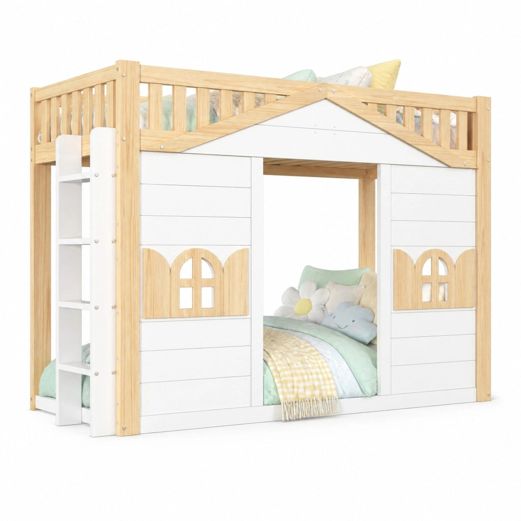 Letto a castello per bambini 90x200 cm in pino bianco con finestra e scala reversibile