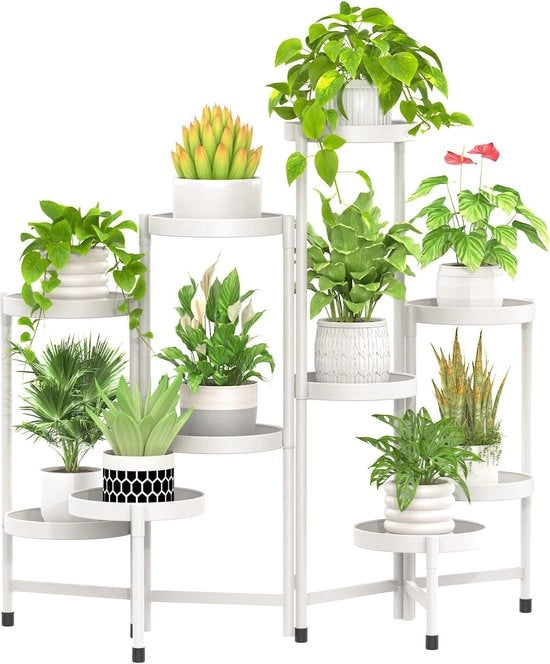 Stendardo per piante in metallo a 10 livelli per uso all'aperto, alta stendardo per piante, piatto per piante, gradini per piante per soggiorno, balcone, patio, cortile (bianco)