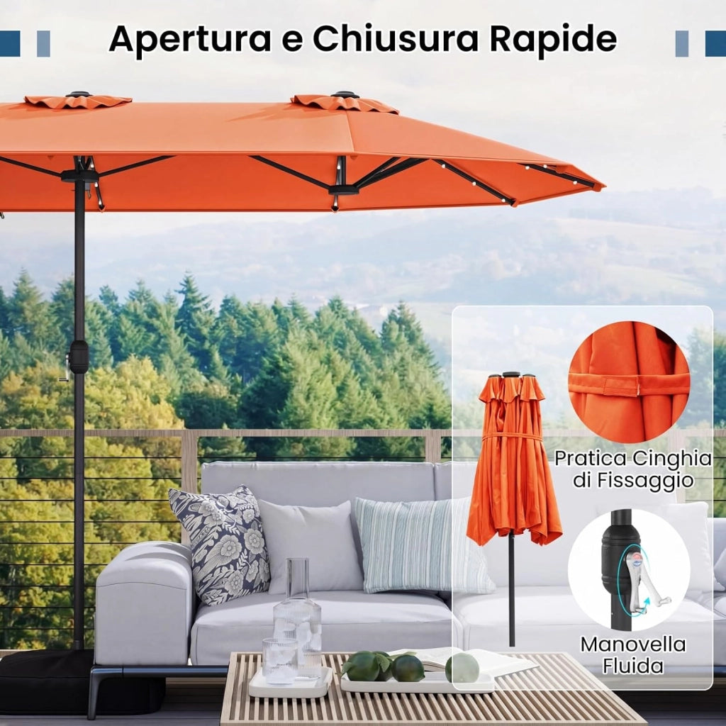 Ombrellone da Giardino Doppio 400 x 200 cm, con 36 Luci LED Solari, Manovella 12 Stecche, Base, Anti-UV, Rettangolare, per Giardino Piscina Cortile (Arancione)