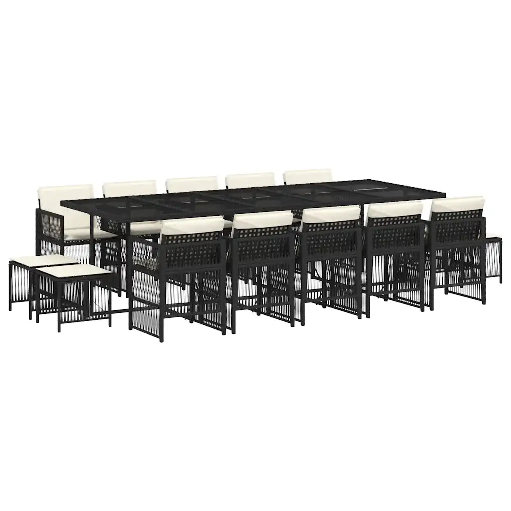 Set da Pranzo da Giardino 15 pz con Cuscini Nero in Polyrattan