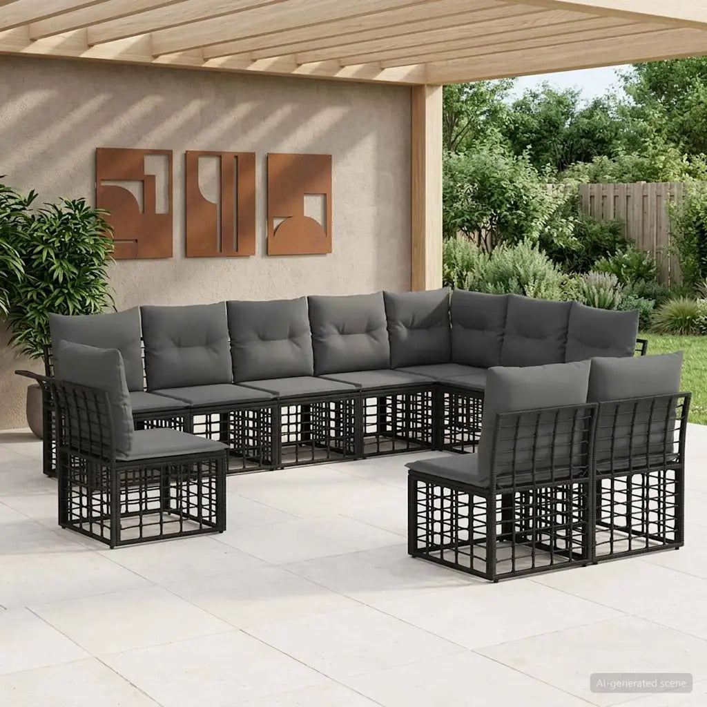Set di divani da esterno 10 pcs Nero e Grigio scuro Poliestere