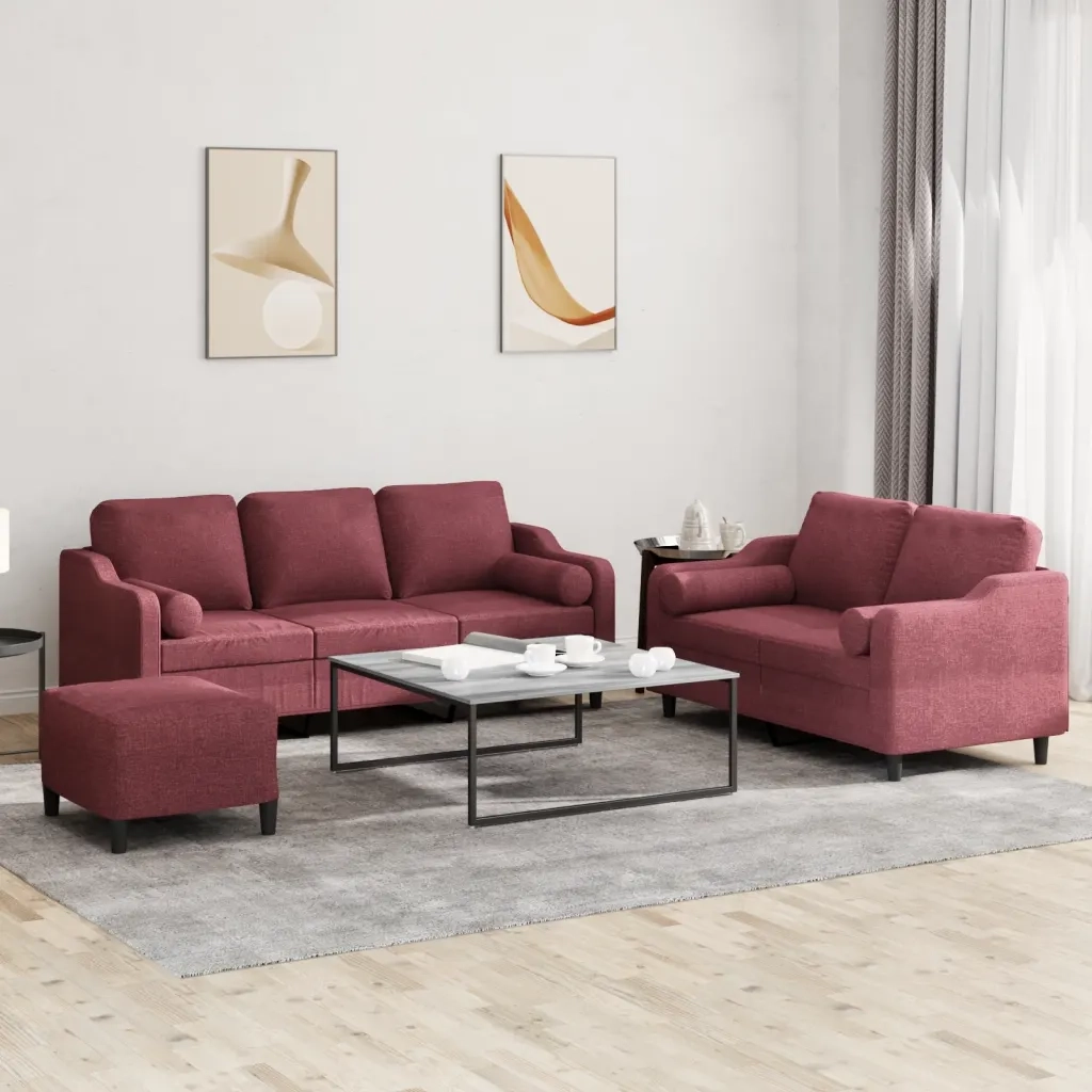 Set di Divani 3 pz con Cuscini Rosso Vino in Tessuto