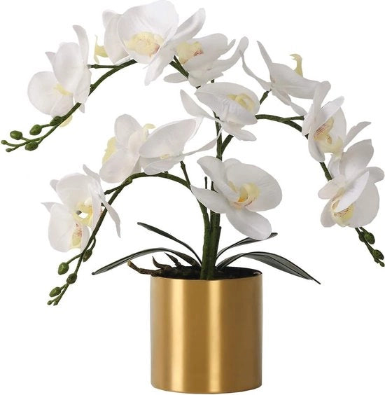 Orchidea artificiale con vaso, orchidea bonsai Phalaenopsis pianta in vaso per decorazione domestica (vaso bianco, dorato)