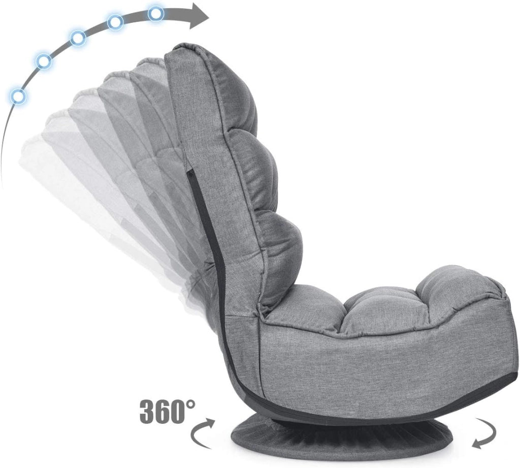 Sedia Imbottita da Pavimento, Reclinabile a 5 Livelli, Schienale Pieghevole, Base Girevole, Portata di 120 kg, Postazione da Relax/Lavoro/Gaming, 59x75x83 cm, 4 Colori Disponibili