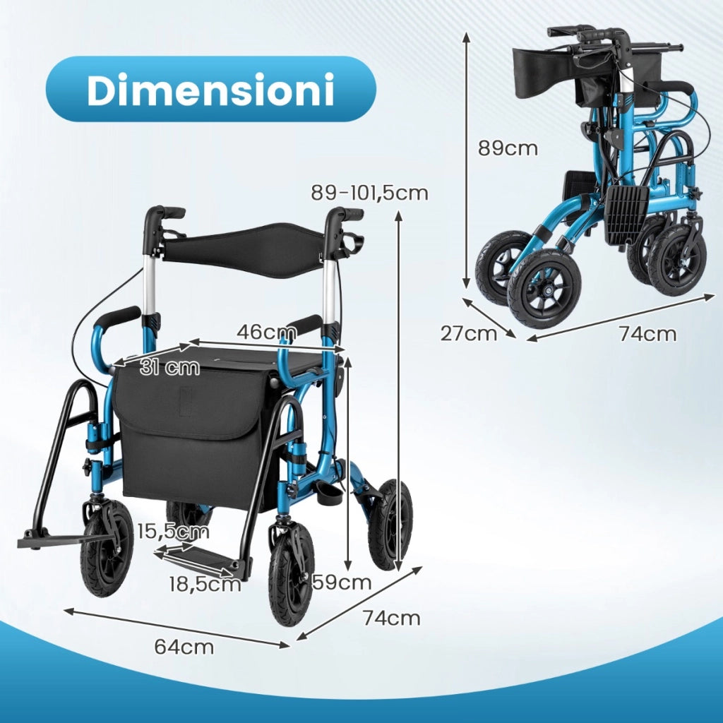 Deambulatore pieghevole per anziani con ruote 2 in 1, Deambulatore pieghevole 23 cm per tutti i terreni Blu Navy-Salute e bellezza