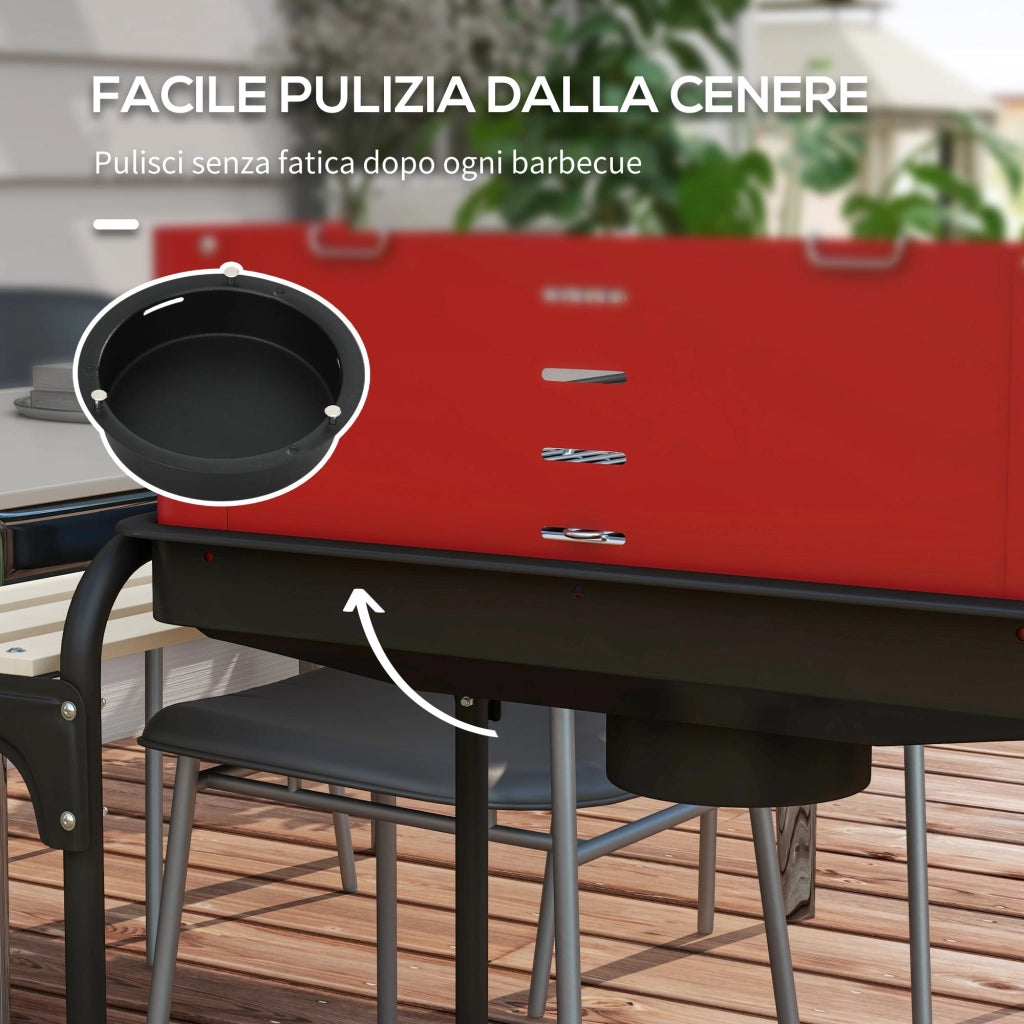 Barbecue a Carbonella 103x47x95 cm con Griglia Regolabile e 3 Ripiani in Metallo e Legno Rosso
