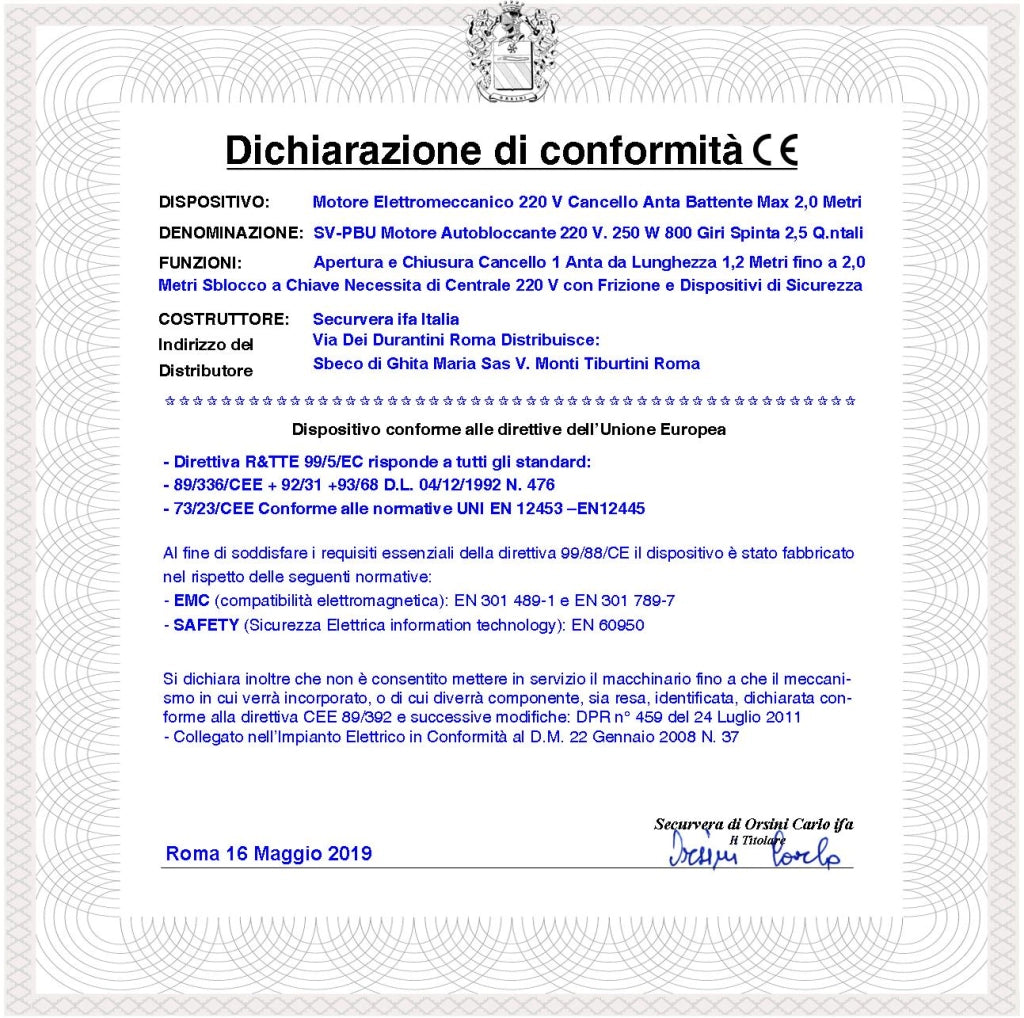 Attuatore Elettromeccanico 230 V Stelo Retrattile Corsa 300 mm 220 V Per Cancello Battente Anta 2 Metri Spinta 250 Kg Sblocco a Chiave Ricambio Automatismo Securvera Completo di Staffe Bulloni