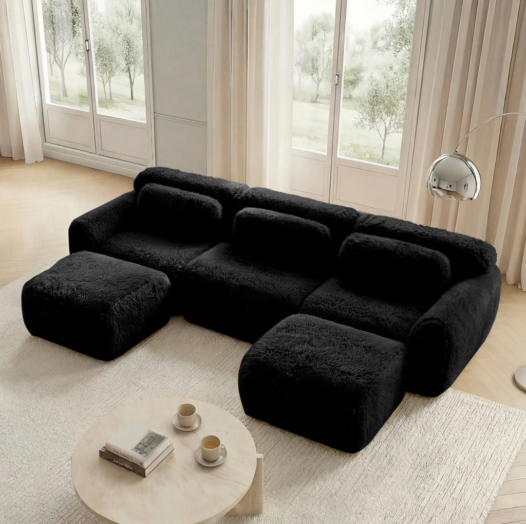 Divano modulare angolare a U in tessuto plush 291x179x73 cm; nero