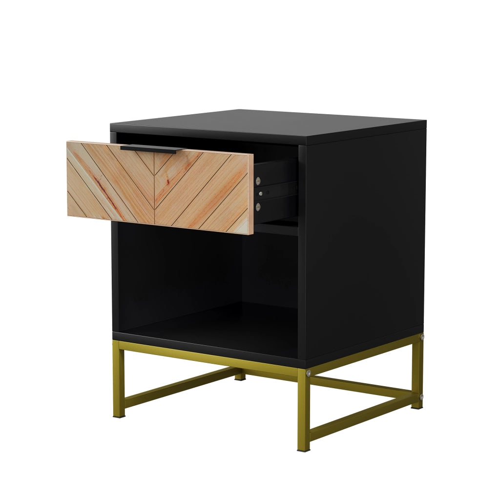 Comodino con 1 cassetto e 1 vano aperto per camera da letto soggiorno e salotto in MDF nero naturale 43 × 40 × 55 cm