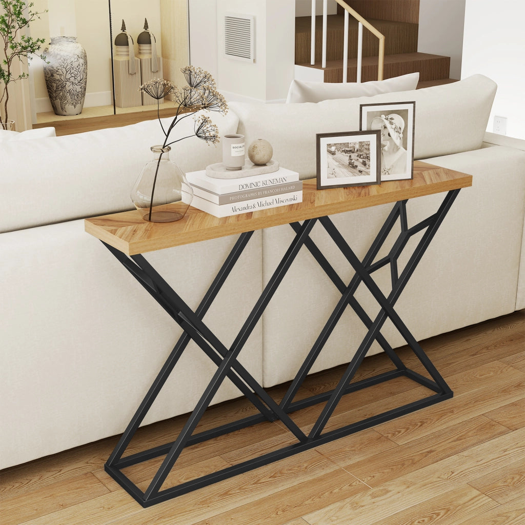 Tavolo consolle rustico base metallo geometrica 140cm lungo-Tavolo ingresso industriale retro divano corridoio soggiorno
