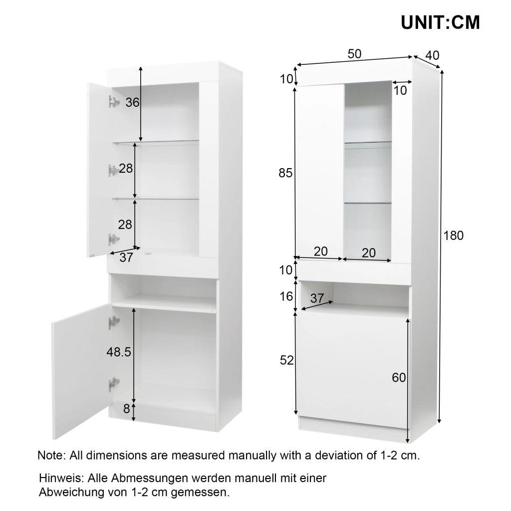 Credenza alta con ripiani in vetro LED USB e ante per soggiorno e ufficio in truciolato bianco 50 × 40 × 180 cm