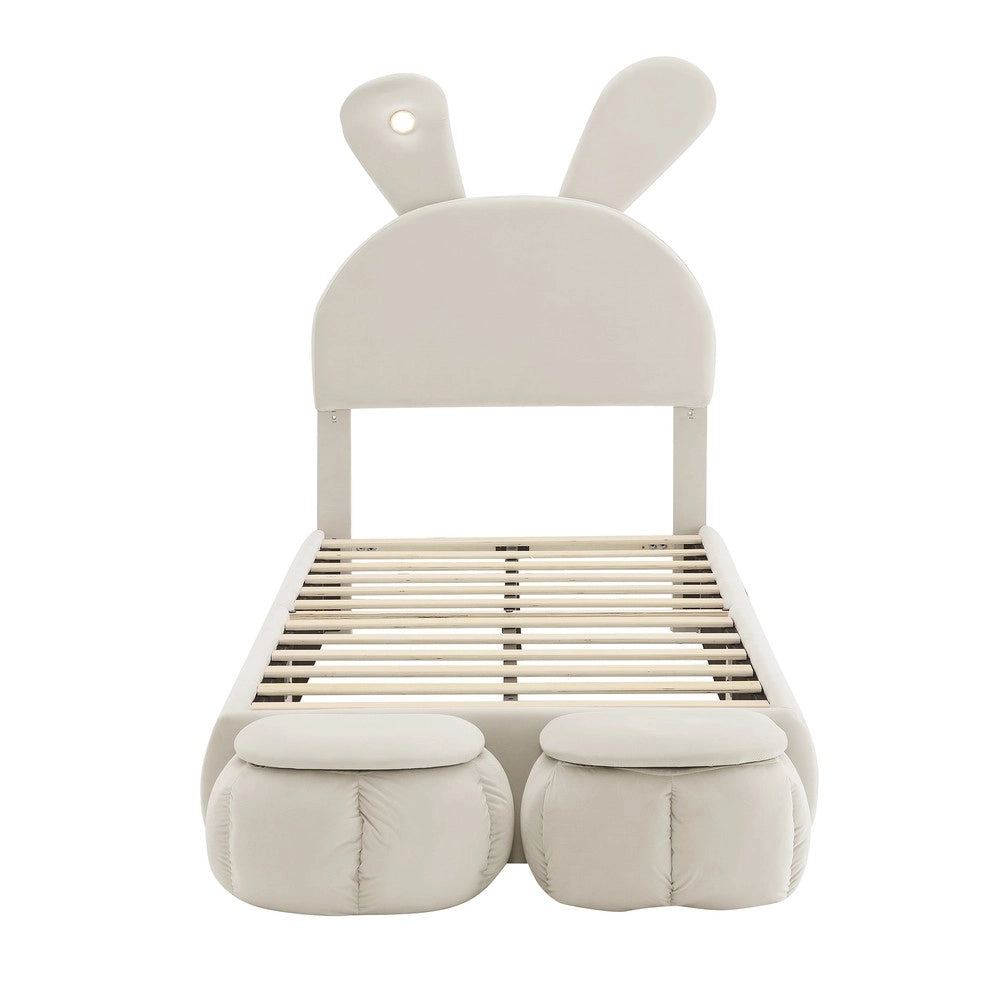 Letto Singolo Imbottito con Contenitore e LED ¨C MINIMAL ¨C Velluto Beige 90x200