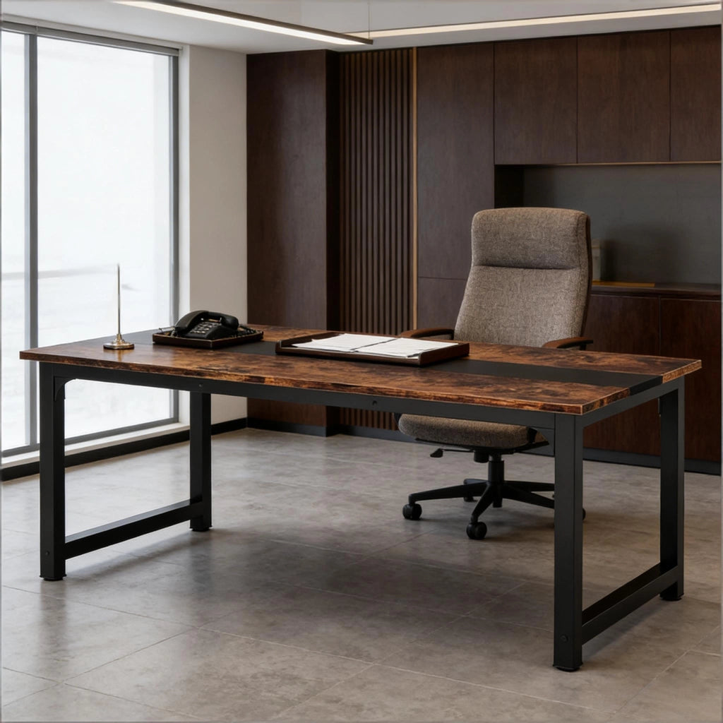 Scrivania lineare con ampio piano, struttura in metallo e legno, per home office, nero rustico, 160 × 80 × 75 cm
