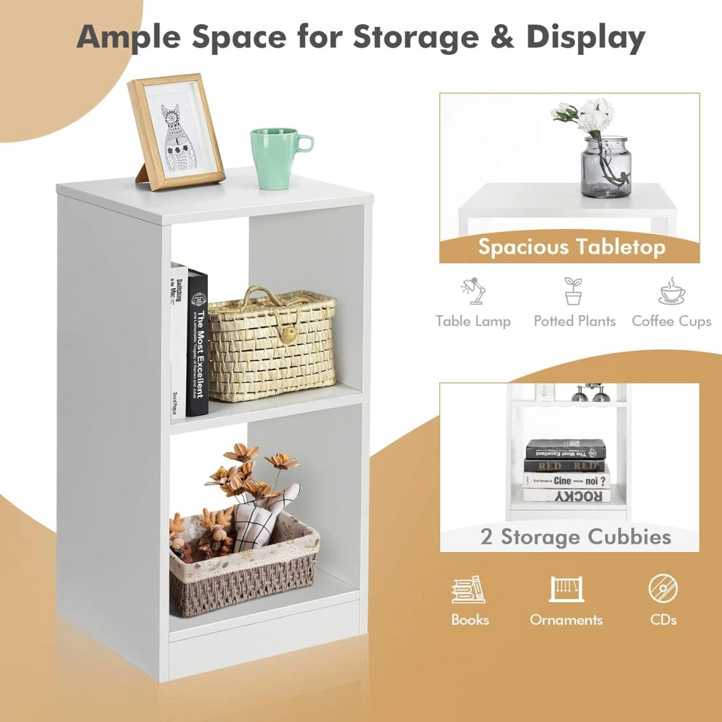 Set di 2 Scaffale Aperto, Libreria Scaffale a 2 Ripiani, Tavolino da Comodino, Supporto per CD Multifunzione per Soggiorno, 33x38,2x73 cm, Bianco