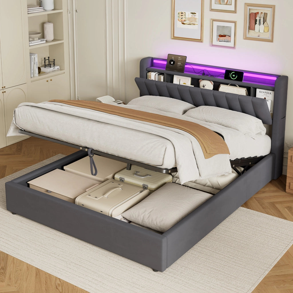 LETTO Imbottito 160 x 200 cm Grigio Scuro con Contenitore, USB e LED