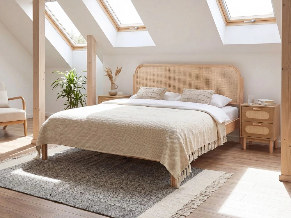 Letto matrimoniale con struttura in legno di pino e testiera in rattan sintetico 180x200 cm con doghe per camera da letto color marrone chiaro
