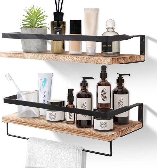 Set di sostegni per corrimano in legno, composto da 2 pezzi con contenitore per asciugamano, piattaforme galleggianti, chiusura per parete, supporto per corrimano, ideale per bagno, cucina, soggiorno, ufficio, camera da letto
