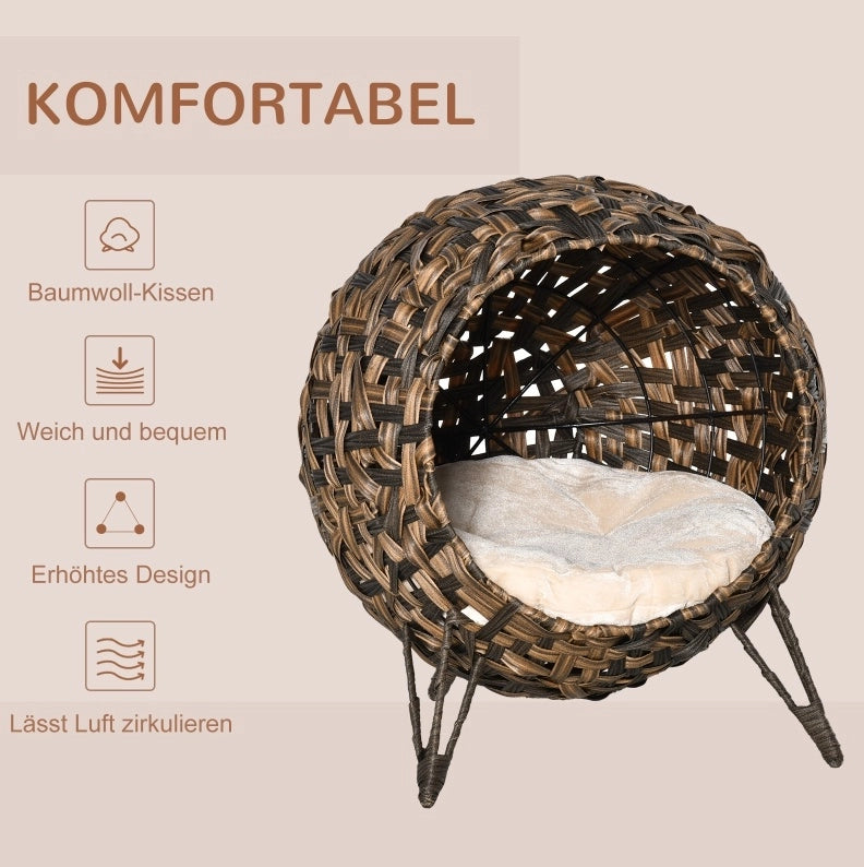 Cuccia rialzata per gatti in rattan PE con cuscino marrone