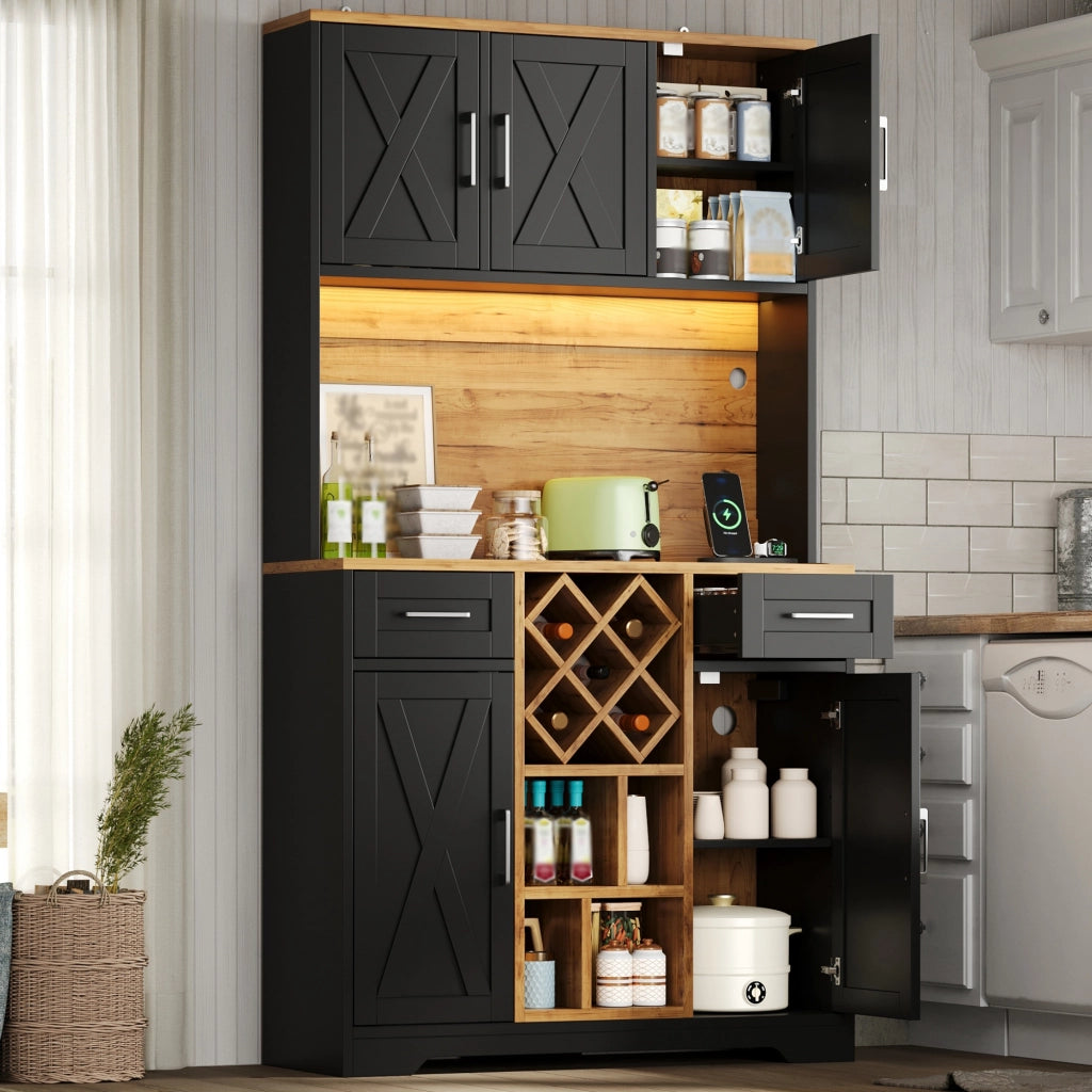 Credenza alta con 2 cassetti; LED e prese - per cucina - in MDF - 105×40×180 cm - naturale e nero