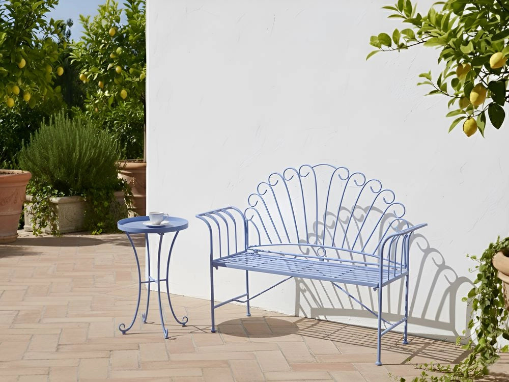 Panca da giardino vintage in metallo azzurro con braccioli svasati 2 posti esterno stile retrò