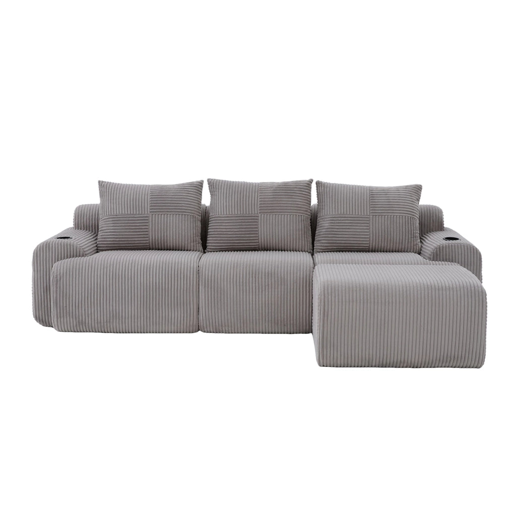 Divano modulare 3 posti corduroy grigio chiaro con porta lattine e tasca laterale