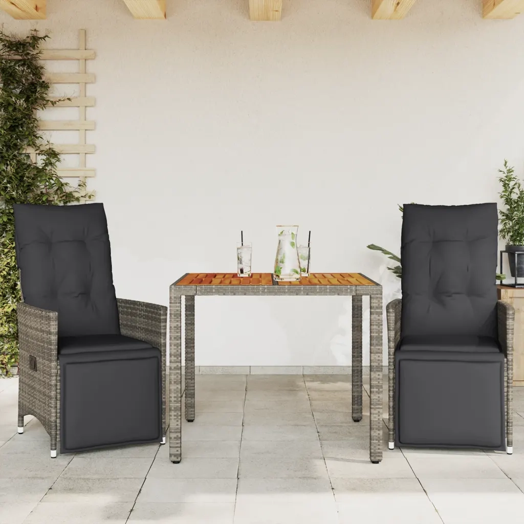 Set BistrÃ² da Giardino 3 pz con Cuscini in Polyrattan Grigio