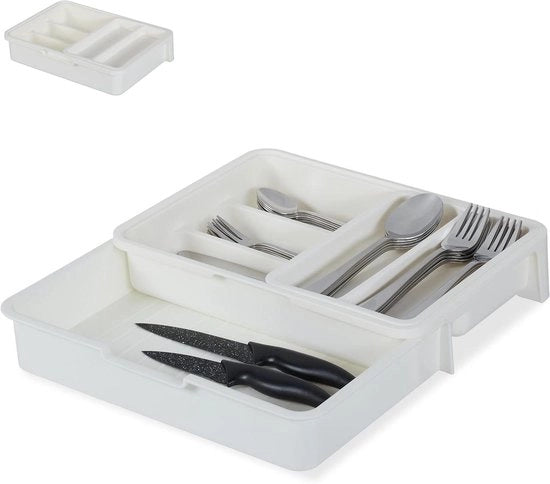 Scatola per Posate Estensibile 7 Comparti per Posate e Cucina in Plastica Dimensioni: 6x23.5x31.5cm Bianca