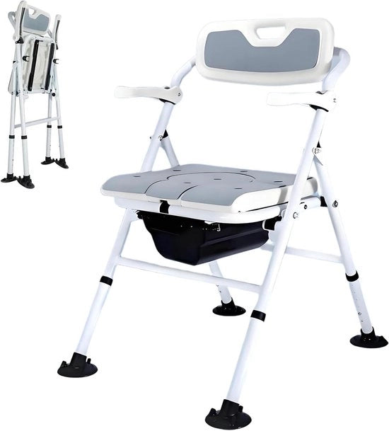Toiletstoel pieghevole con sedile rivestito e contenitore per i rifiuti - adattabile in altezza per anziani - sedile doccia pieghevole con schienale e braccio