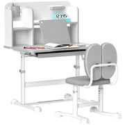 Set Scrivania e Sedia per Bambini Regolabili, Banco Scuola con Piano Inclinabile, Cassetto, Scaffale, Grigio