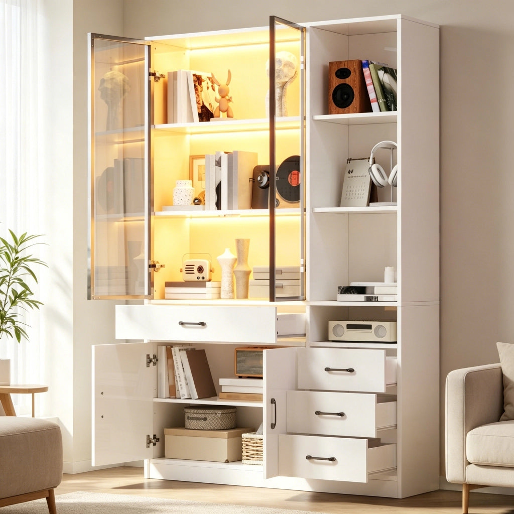 Libreria alta con vetrina in vetro e LED, 4 cassetti e 13 vani, per soggiorno e ufficio, bianco, 120 × 35 × 200 cm