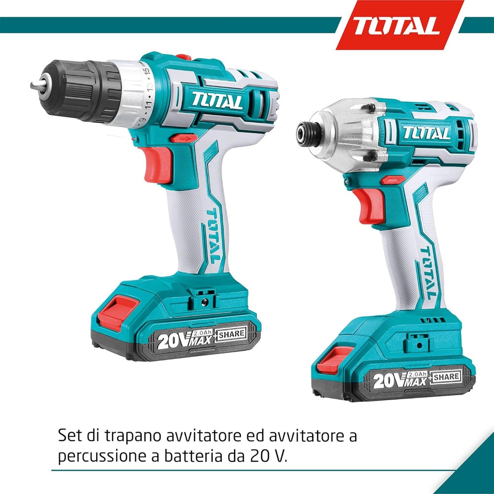 AVVITATORE+AVVITATORE A MASSA BATTENTE 1/4" 20V +2 BATTERIE 2Ah +ACCESSORI TOTAL TOTTCKLI2006