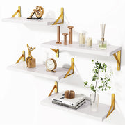 Set 4 Mensole da Parete in Legno Bianco e Staffe Oro Scaffalatura Scaffale Muro