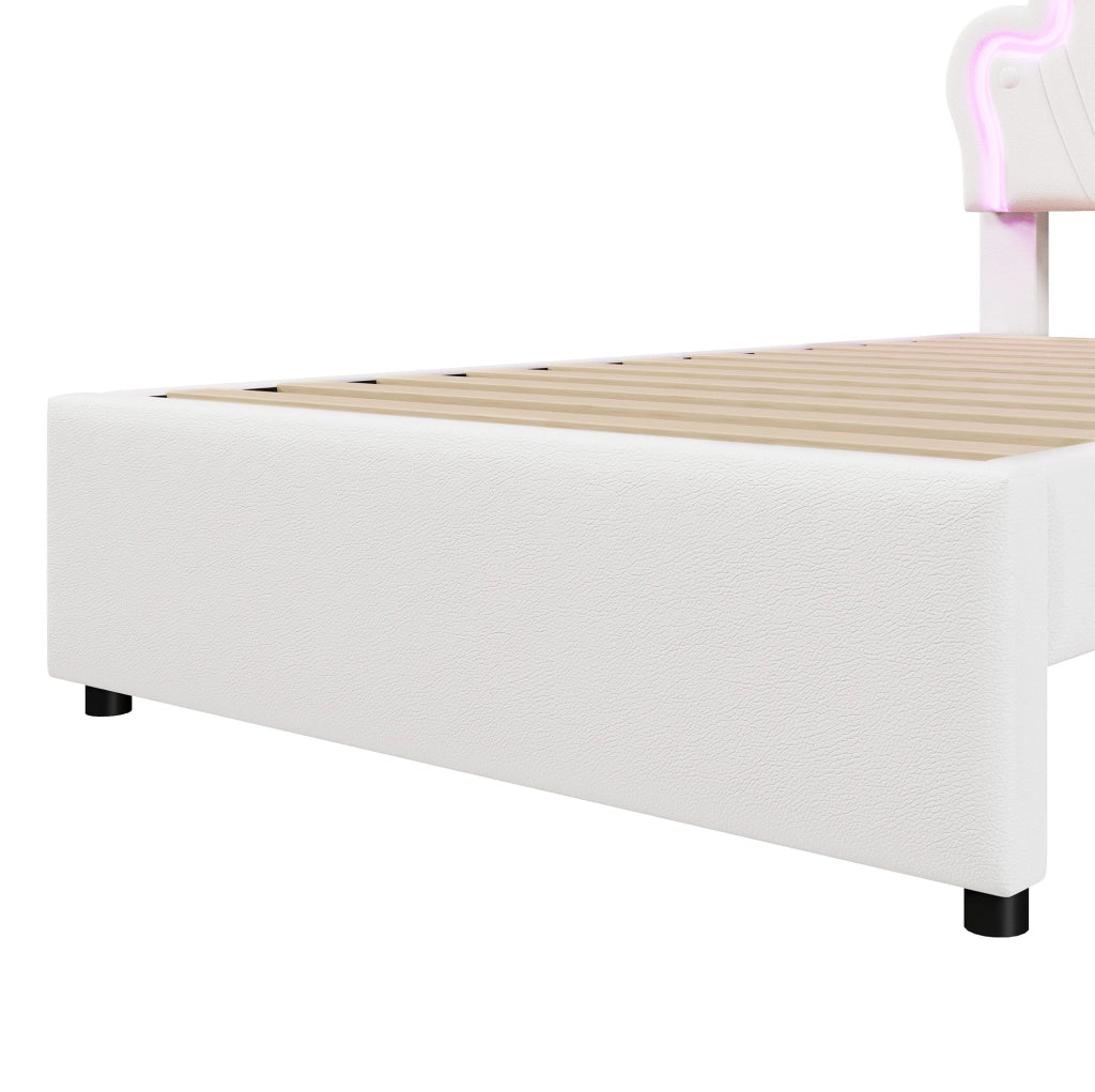 Letto per bambini 90x200 cm con 2 cassetti; LED; testiera regolabile; PU bianco