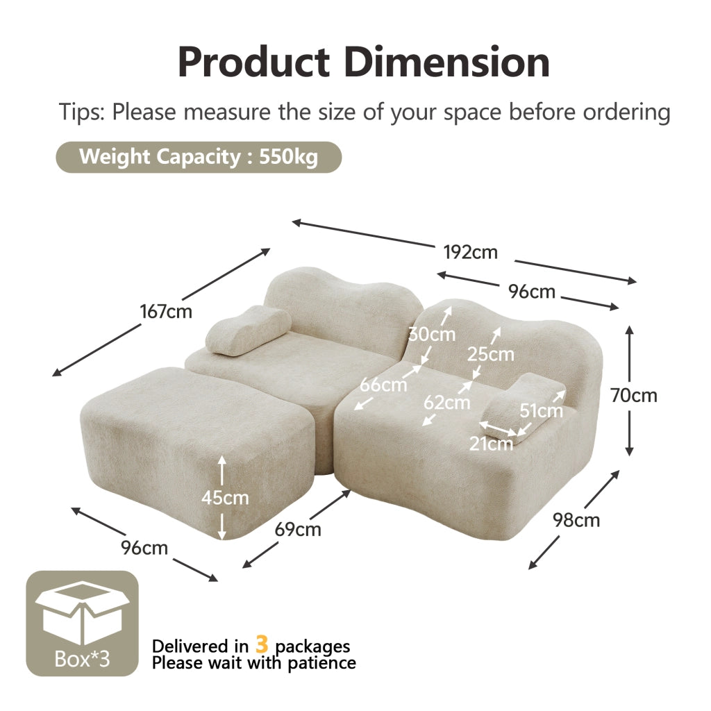 Divano angolare modulare 2-4 posti con pouf; forma ondulata; velluto beige