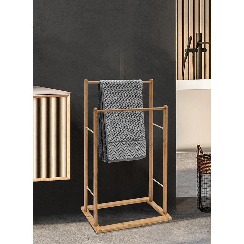 Trade Shop - Portasciugamani Da Terra In Bamboo Stand 2 Posti Per Accappatoi Teli Bagno Salvaspazio -