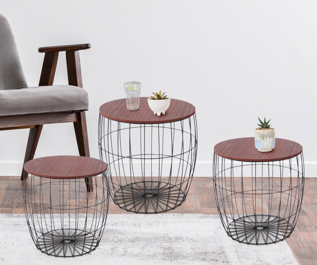 Set 3 Tavolini Da Salotto Sovrapponibili Rotondi Design Moderno Tavolino Da Caffè Estraibili Mobile Soggiorno Tavolo Divano Top In Legno Struttura In Acciaio Stile Industrial Vano Porta Oggetti  - Marrone - Modello 1