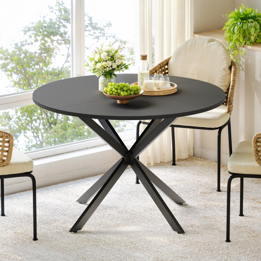 Tavolo da pranzo rotondo con base a X in ferro e piano in pannello truciolare nero per cucina diametro 120 cm