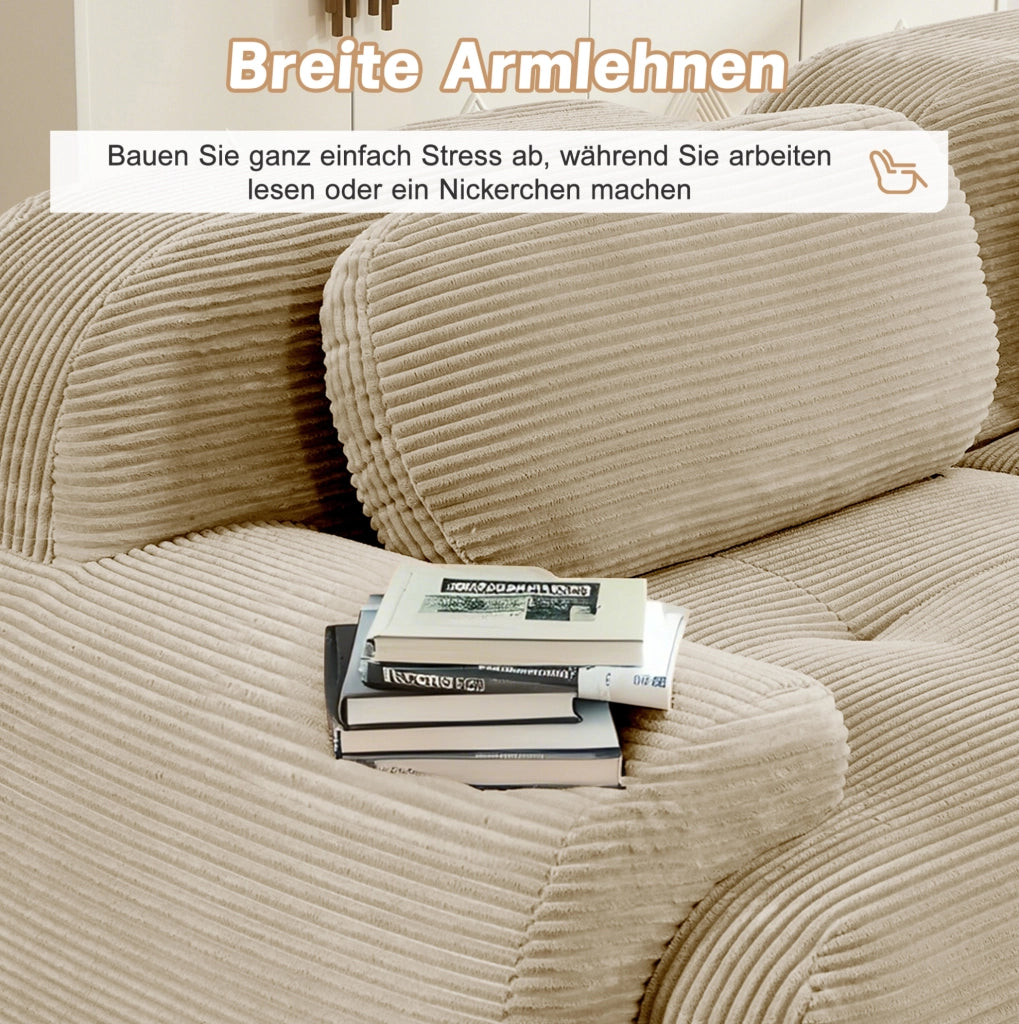 Divano angolare modulare senza montaggio in tessuto a coste beige; design ergonomico