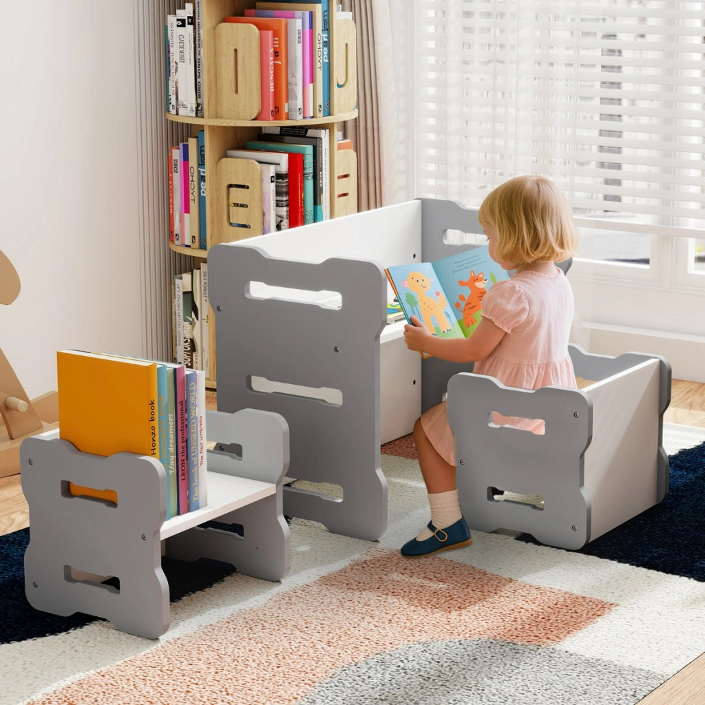 Set 3 pezzi per bambini con 2 sgabelli e tavolo attivit¨¤, Set tavolo e sedia per bambini per casa e asilo Bianco e grigio