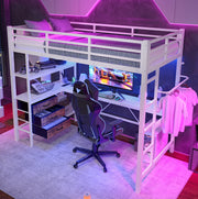 Letto a soppalco ULEVR 90x200 cm con scrivania, LED con telecomando, presa USB, 3 cassetti e ripiani, bianco