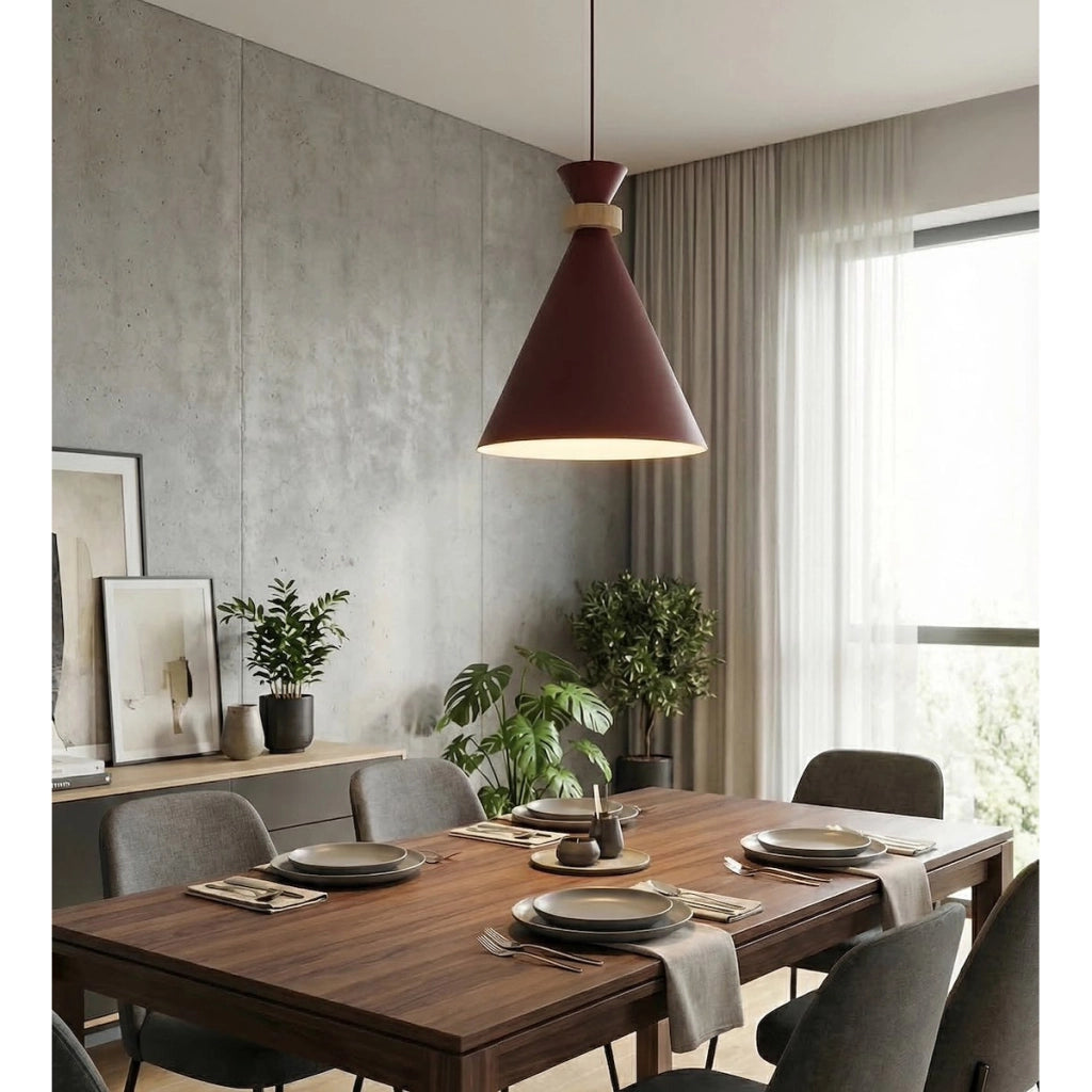 Lampada a sospensione Zero bordeaux con inserti in legno