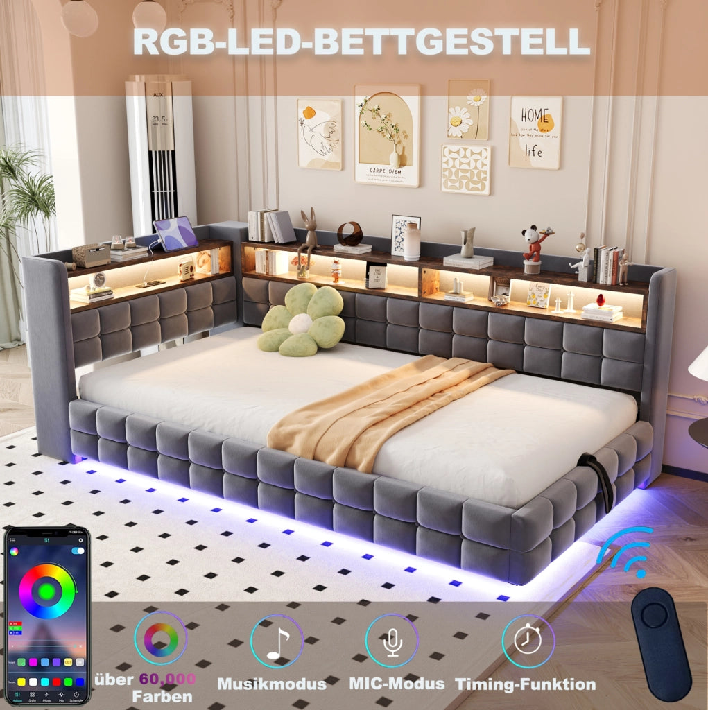 Divano letto imbottito 90x200 cm grigio con LED e ricarica USB