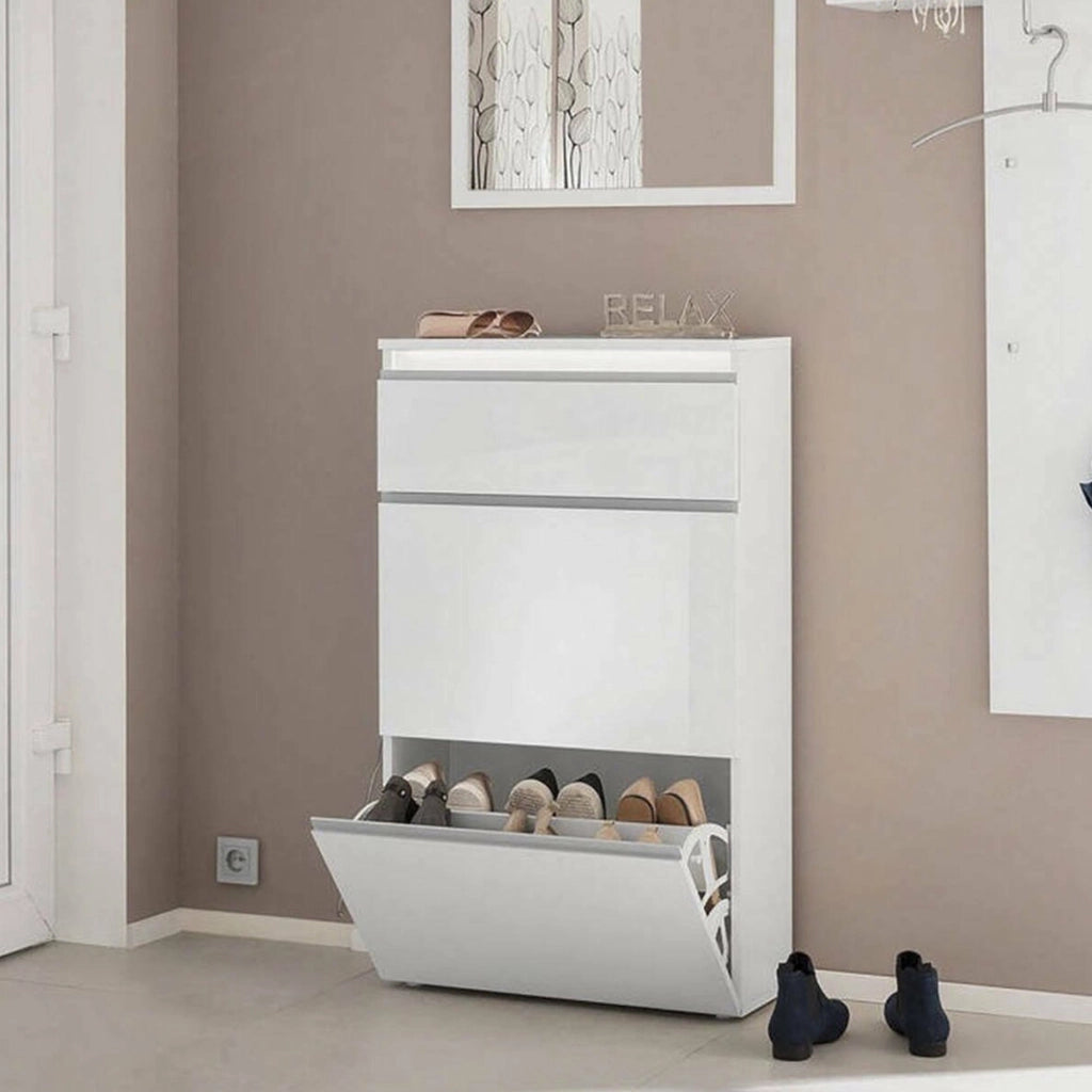 Mobile Portascarpe Alejandra, Scarpiera 12 Paia Made in Italy, 60x27x108h cm Bianco Lucido