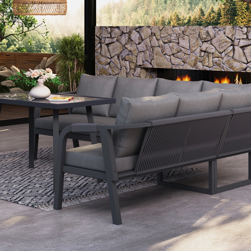 Set da Giardino con Divano ad Angolo e Tavolo, 6 Posti ¨C Xylo ¨C Polyrattan Grigio, Acciaio Zincato