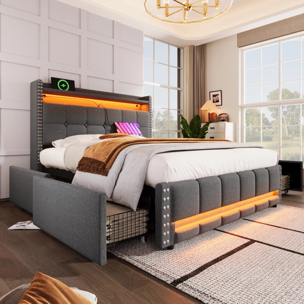 LETTO imbottito 160x200 cm Grigio con LED, USB, cassetti e ripiani