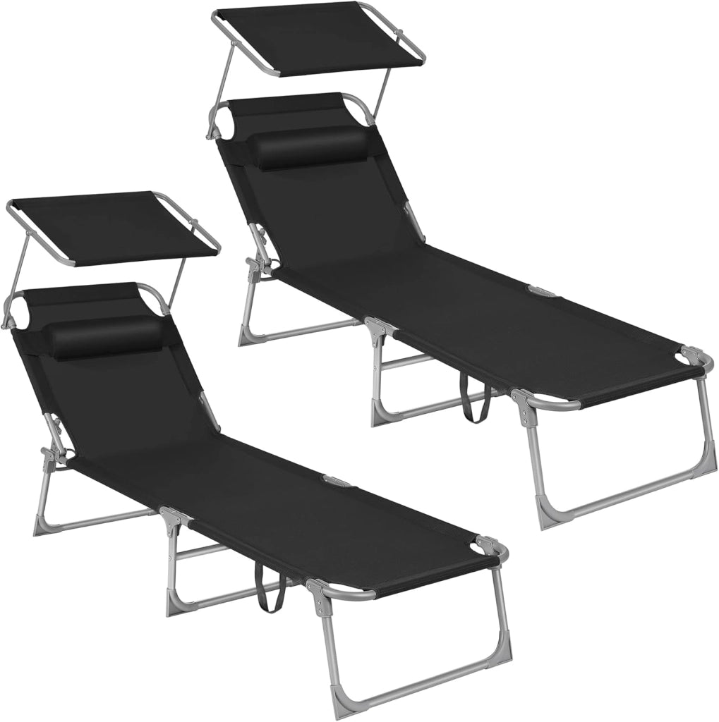 SONGMICS Lettini Prendisole, Set di 2 Sedie a Sdraio Pieghevole, 193 x 53 x 29 cm, Portata 150 kg, Poggiatesta Parasole Schienale Reclinabile, per Terrazzo Piscina Giardino, Tortora GCB192K02
