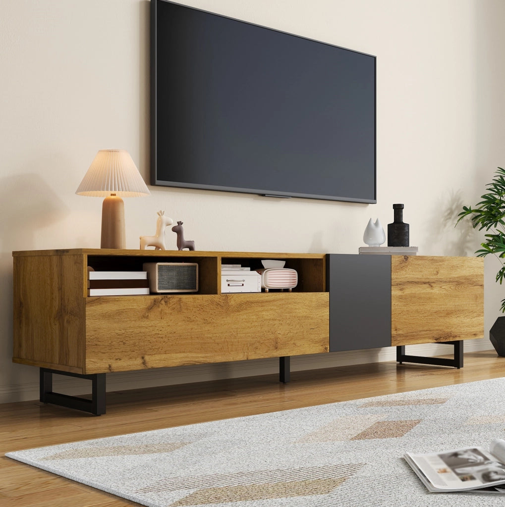 Mobile TV 170 cm in legno e grigio scuro con 3 ante e 2 vani aperti